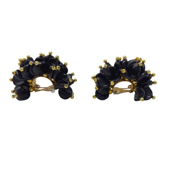 Vintage Black Beaded Half Hoop Cluster Earrings | 2.38" | Circa 1980s-1990s - Picture 5 of 7